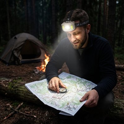 Homme bivouac regarde carte grâce lampe frontale led rechargeable