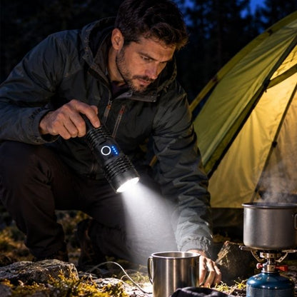 Homme bivouac s'éclaire avec lampe torche puissante rechargeable