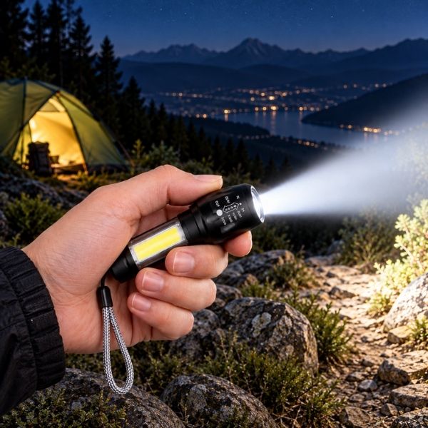 Homme bivouac s'éclaire avec lampe torche rechargeable puissante