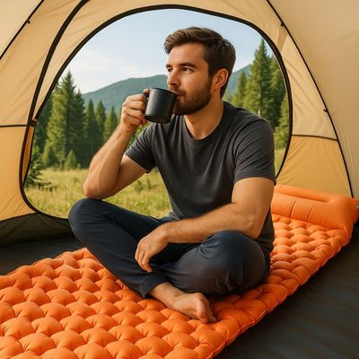Homme bois café matelas gonflable 1 personne dans tente