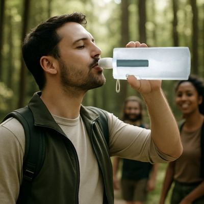 Homme boit gourde filtrante eau non potable en forêt