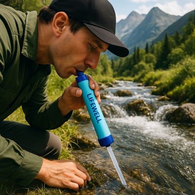 Homme boit gourde filtre dans torrent avec prolongateur