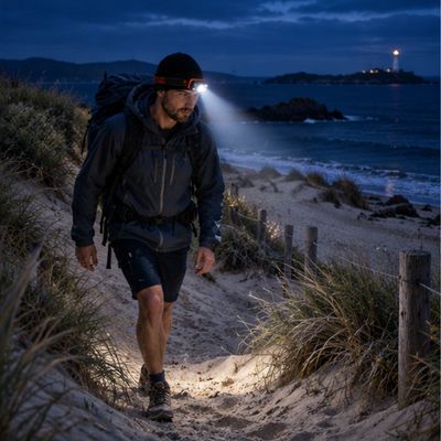 Homme bord mer marche dunes avec lampe frontale rechargeable