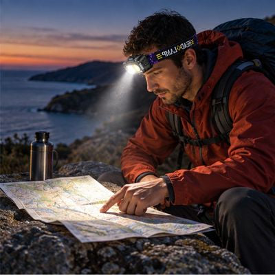 Homme bord mer regarde carte avec lampe frontale rechargeable