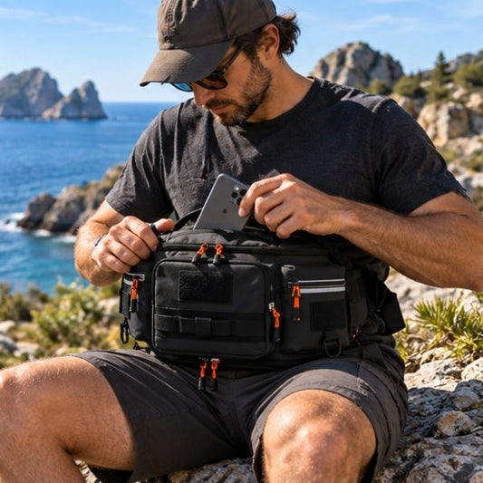 Homme bord mer sort portable sacoche ventrale multifonction