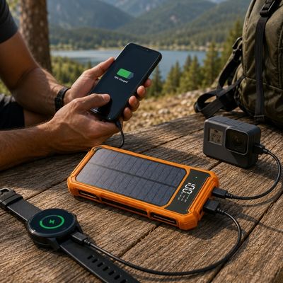 Homme charge trois appareils avec batterie externe solaire