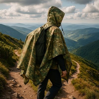 Homme chemin de randonnée avec poncho pluie sur sac