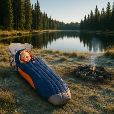 Homme dans sac de couchage grand froid près feu