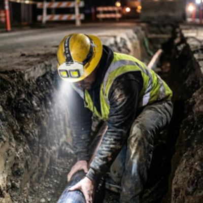 Homme dans tranchée avec meilleur lampe frontale pour travailler