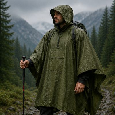 Homme debout montagne sous averse poncho randonnée