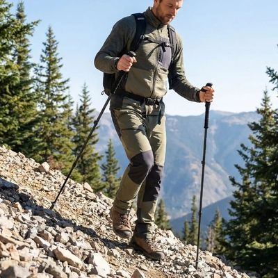 Homme descend sentier pierres batons pour marche nordique carbone