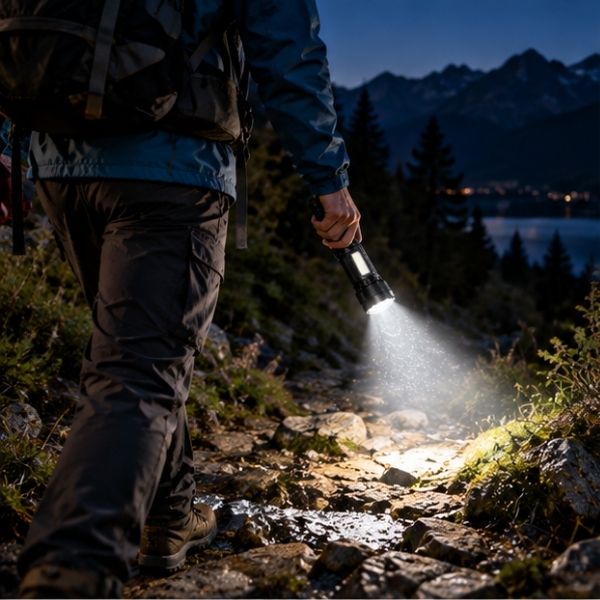 Homme descend sentier soir avec lampe torche rechargeable puissante