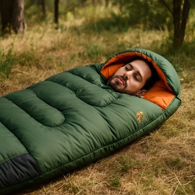 Homme dort paisiblement sac de couchage clairière bois