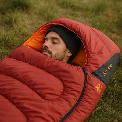 Homme dort paisiblement sac de couchage hors tente