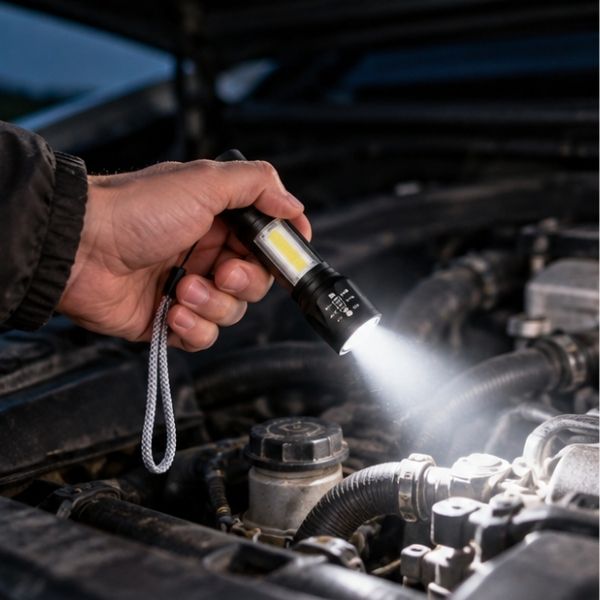 Homme éclaire moteur voiture avec lampe torche rechargeable