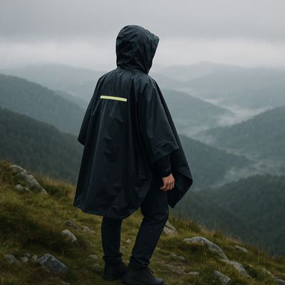 Homme en haut montagne avec poncho de pluie