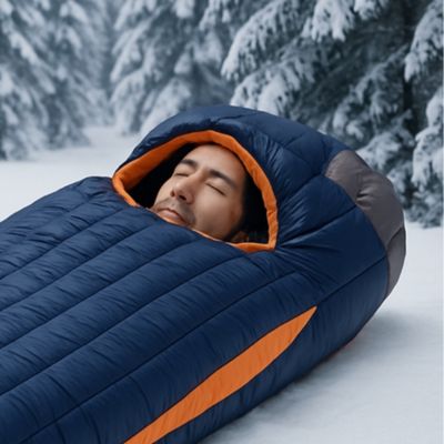 Homme endormi sac de couchage grand froid milieu sapins neige