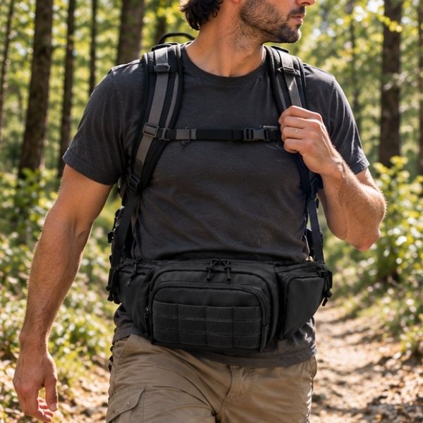 Homme fait balade sentier forestier avec sacoche ventrale homme