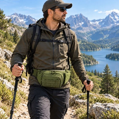 Homme fait balade sentier montagne avec sacoche ventrale homme