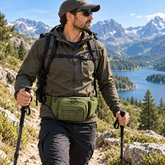 Homme fait balade sentier montagne avec sacoche ventrale homme