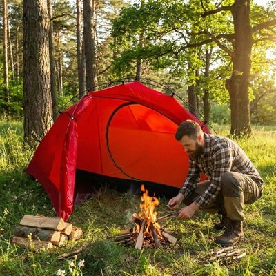 Homme fait feu côté tente 1 place ultra legere