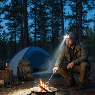 Homme fait feu lampe frontal trail côté bivouac