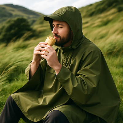 Homme fait pause déjeuner assis herbe avec poncho pluie