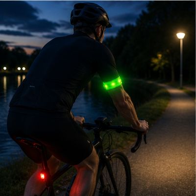 Homme finit balade vélo soir avec brassard lumineux LED