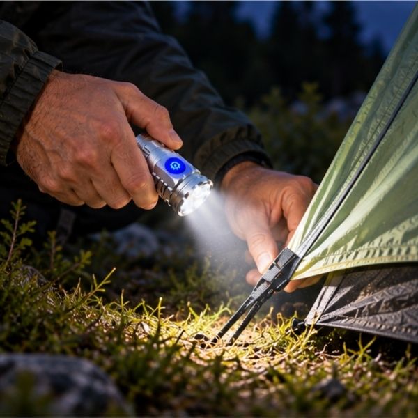 Homme finit installer bivouac avec lampe torche rechargeable