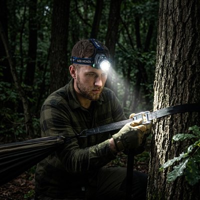 Homme fixe hamac meilleur lampe frontale sur tête