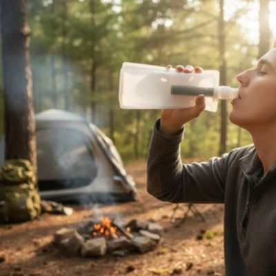 Homme forêt boit gourde filtrante eau non potable côté feu