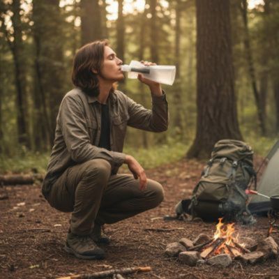 Homme forêt boit gourde filtrante eau non potable côté tente