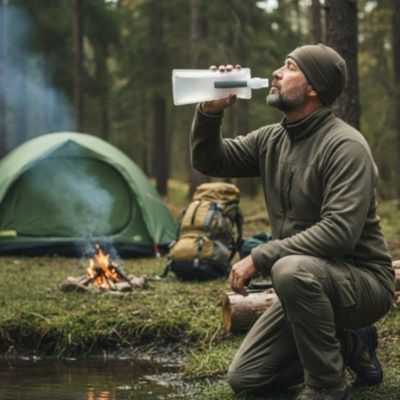 Homme forêt boit gourde filtrante eau non potable genoux mare