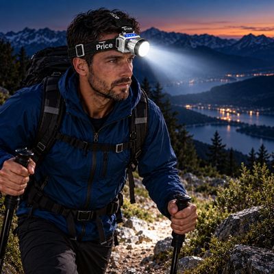 Homme grimpe sentier randonnée soir avec puissante lampe frontale