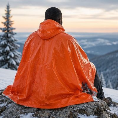 Homme hiver neige assis couvert poncho de survie