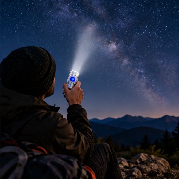 Homme indique direction voie lactée avec lampe torche rechargeable