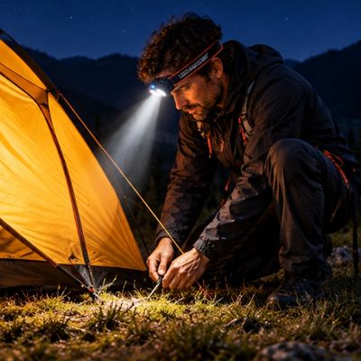 Homme installe tente bivouac avec lampe frontale rechargeable