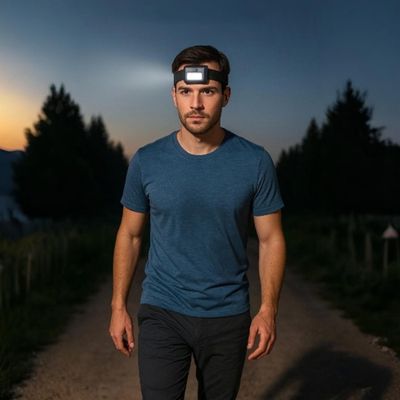 Homme lampe frontale légère à piles marche route forestière