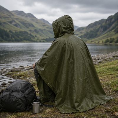 Homme libre couvert poncho imperméable assis bord lac