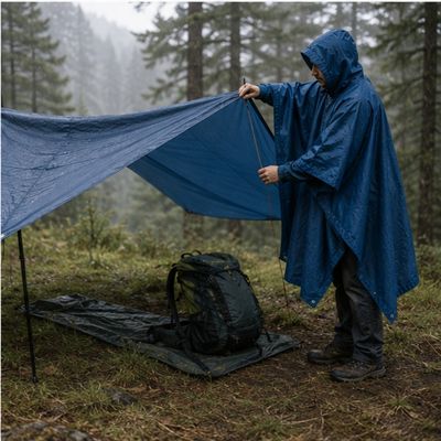 Homme libre couvert poncho imperméable installe bivouac