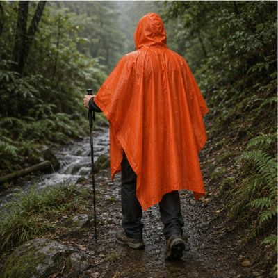 Homme libre couvert poncho imperméable randonne chemin forestier