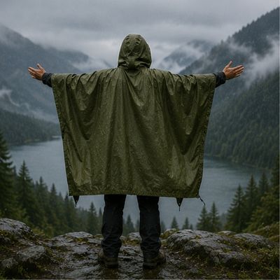 Homme libre poncho randonnée sur dos face paysage