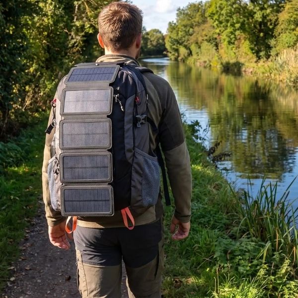Homme longe canal chargeur solaire randonnée fixé sur sac