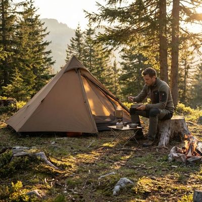 Homme mange assis côté tente 1 place