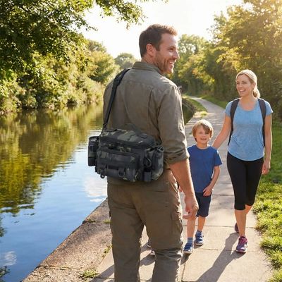 Homme marche bord canal sacoche randonnée fixation bandoulière