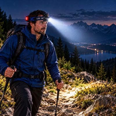 Homme marche confiant avec lampe frontale LED