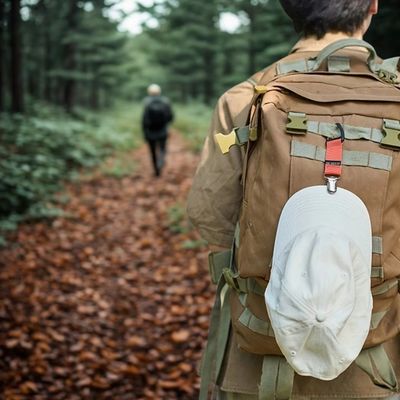 Homme marche forêt avec casquette accroche mousqueton sur sac