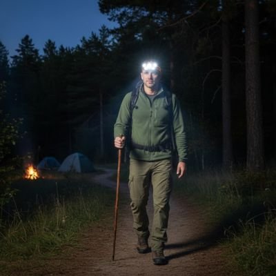 Homme marche lampe frontal trail forêt sapins