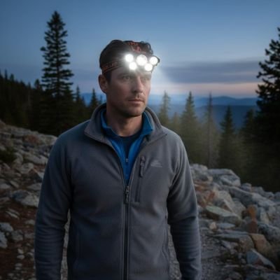 Homme marche lampe frontal trail sentier empierré