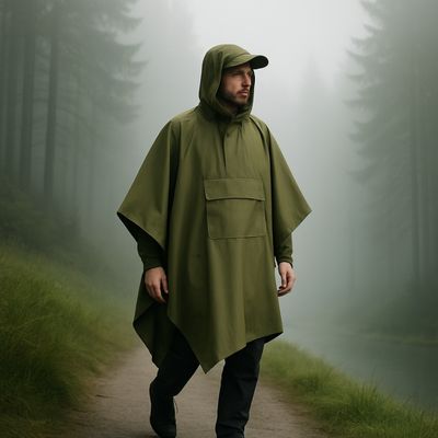 Homme marche lisière bois avec poncho pluie